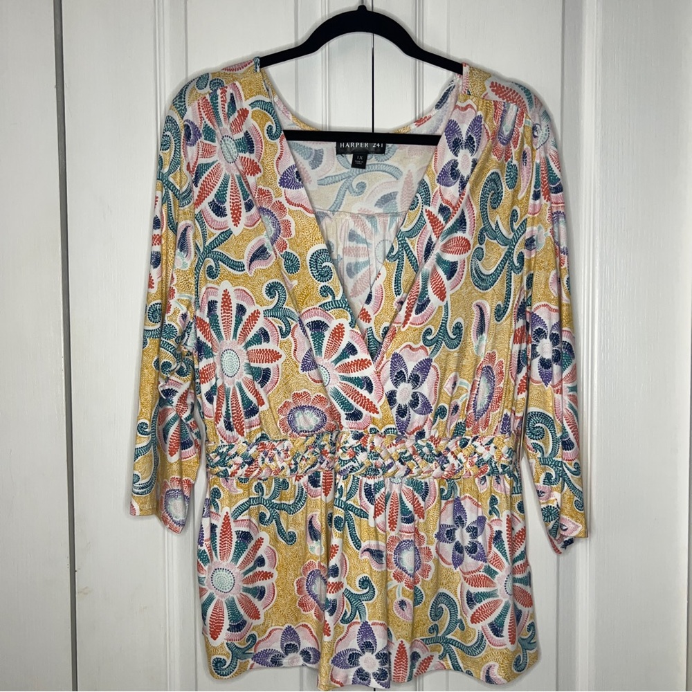 Harper 241 NEW faux wrap floral print plus size blouse 3/4 sleeve 1X